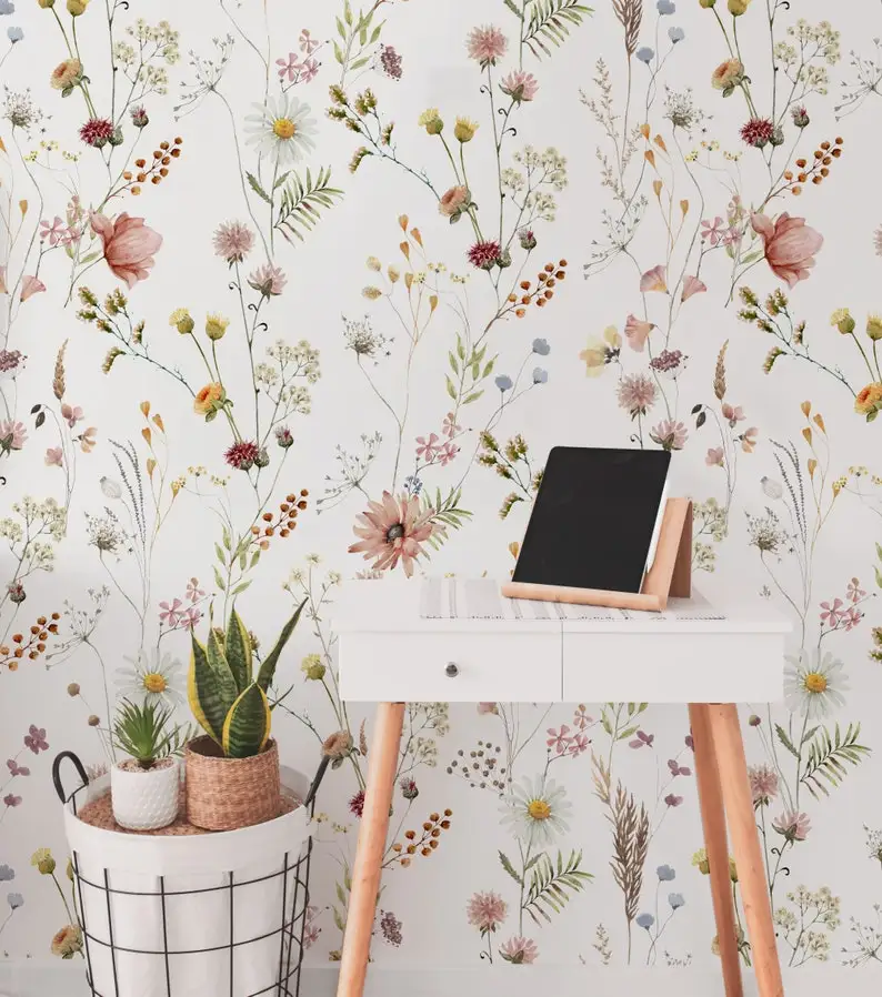 

Watercolor Wild Flower Wallpaper | Soft Botanical Field Floral Wall Mural | Peel and Stick Little Florals with Grass Wallpaper