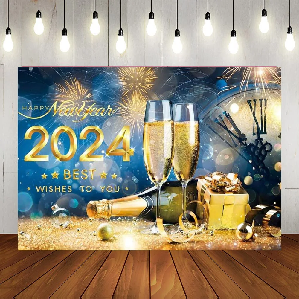 

Happy New Year Champagne Backdrop Golden Twinkle Bokeh Night Sky Firework Goblet Shooting Background Eve Party Decoration Banner