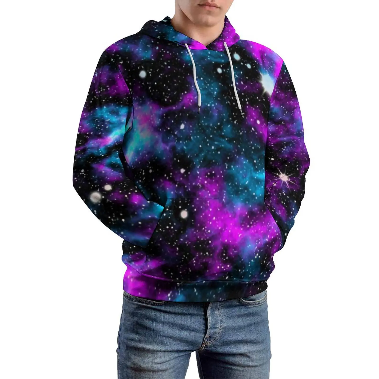 

Blue And Purple Galaxy Hoodies Cosmic Neon Print Polyester Loose Pullover Hoodie Long Length Casual Autumn Hoodie Plus Size
