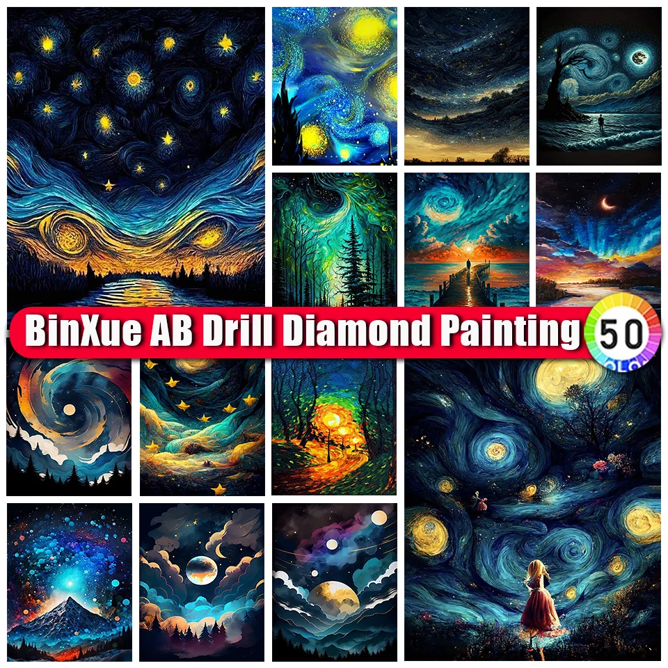 

BinXue Landscape Starry Sky AB Diamond Painting Kit Moon Aurora Cross Stitch Trees Sunset Handmade DIY Diamond Mosaic Art Gift