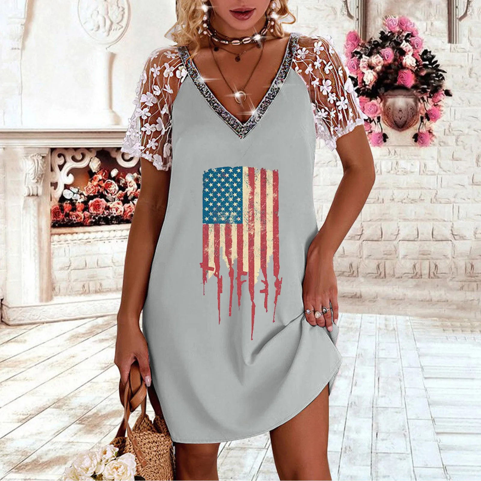 Women's Sexy Lace Short Sleeve Pullover Dresses Summer Loose V Neck Independence Day Printed Dress Flage Glory Mini Party Dress
Women's Sexy Lace Short Sleeve Pullover Dresses Summer Loose V Neck Independence Day Printed Dress Flage Glory Mini Party Dress