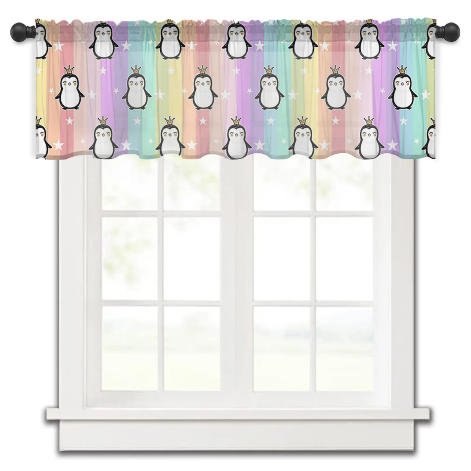 

Penguin Stars Rainbow Stripes Kitchen Small Window Curtain Tulle Sheer Short Curtain Bedroom Living Room Home Decor Voile Drapes