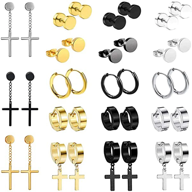 18 Pairs of Stainless Steel Pendant Earrings Black Silver Gold Round Cross Earrings Men and Women Cool Punk Boy Stud Earring Set
18 Pairs of Stainless Steel Pendant Earrings Black Silver Gold Round Cross Earrings Men and Women Cool Punk Boy Stud Earring Set