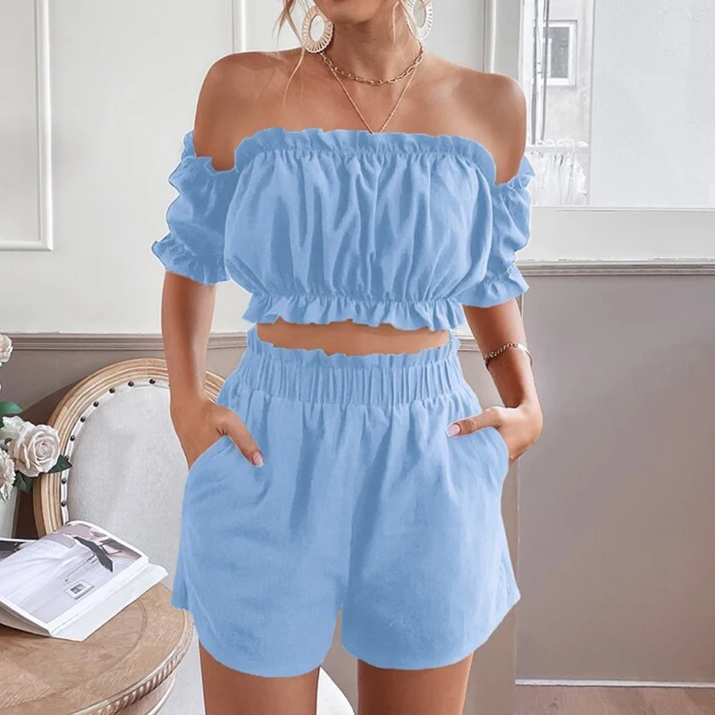 Fashion Short Sleeve Short Pants Women Sets Ruffle Lace Off Shoulder Breast Wrapping Top Causal Waist Ruched Crop Elegant Suit
Fashion Short Sleeve Short Pants Women Sets Ruffle Lace Off Shoulder Breast Wrapping Top Causal Waist Ruched Crop Elegant Suit