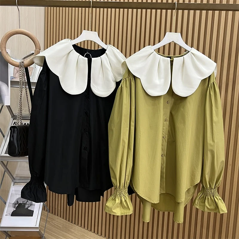 Contrast Color Peter Pan Collar Loose Casual Blouses Long Sleeve Single-breasted Shirt Spring Vintage Blusas Mujer De Moda 2023
Contrast Color Peter Pan Collar Loose Casual Blouses Long Sleeve Single-breasted Shirt Spring Vintage Blusas Mujer De Moda 2023