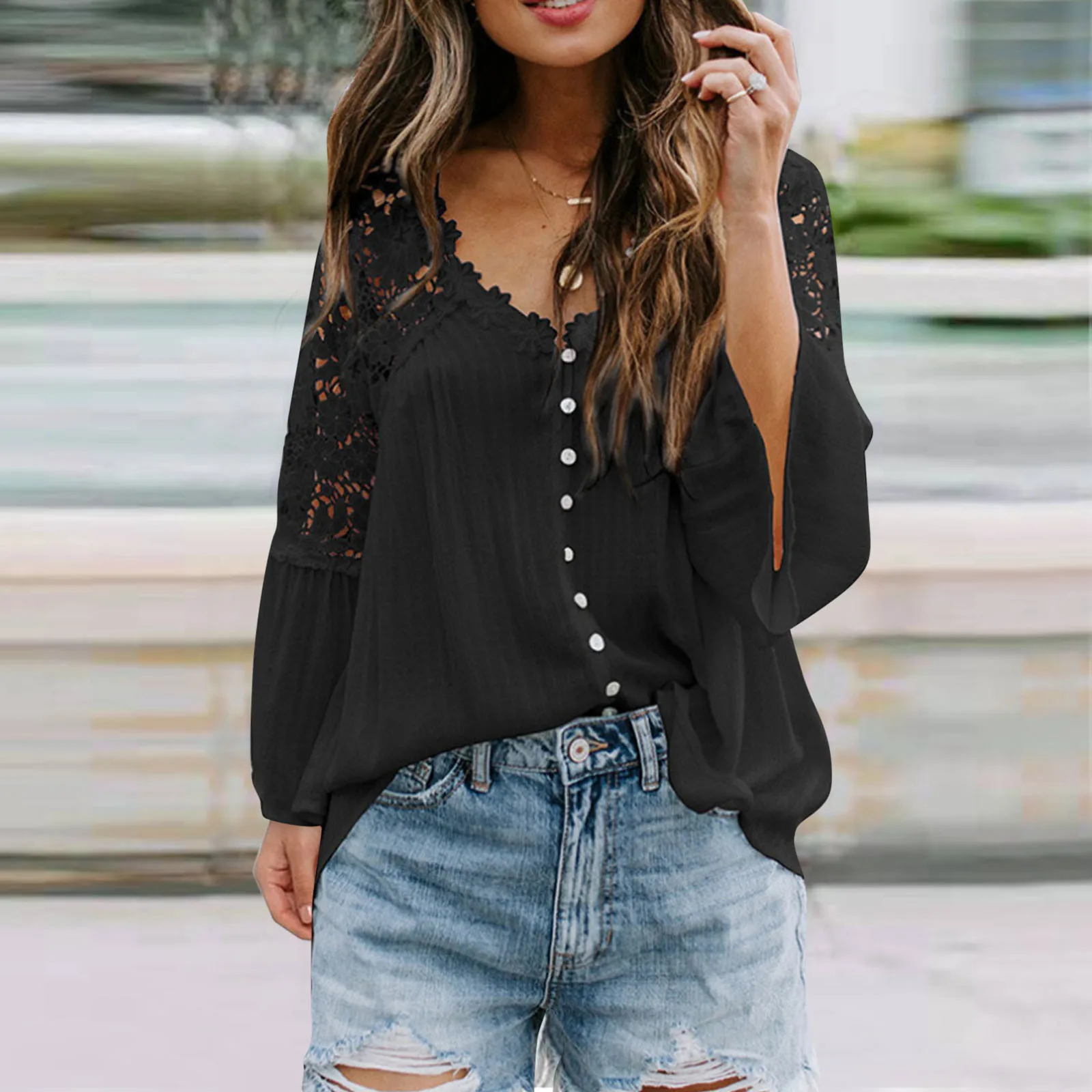Womens Long Sleeve Lace Trim Tunic Tops Button Down Casual Blouse Cute V Neck Shirt under Shirts Women
Womens Long Sleeve Lace Trim Tunic Tops Button Down Casual Blouse Cute V Neck Shirt under Shirts Women
