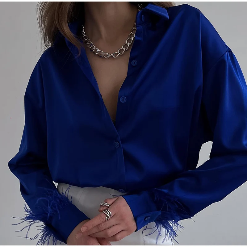 2022 Spring Summer Women Fashion Elegant Long Sleeve Spliced Feathers Solid Ladies Tops Silk Satin Blouse Shirt For Woman 
2022 Spring Summer Women Fashion Elegant Long Sleeve Spliced Feathers Solid Ladies Tops Silk Satin Blouse Shirt For Woman
