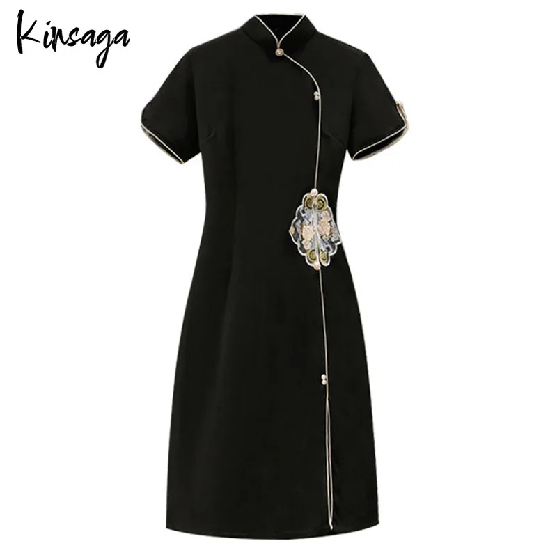 Korean Chinese Style Embroidery Short Sleeve Midi Dress XXL Women Slim Pearls Button Patchwork Slit Sexy Bodycon Black Dress
Korean Chinese Style Embroidery Short Sleeve Midi Dress XXL Women Slim Pearls Button Patchwork Slit Sexy Bodycon Black Dress