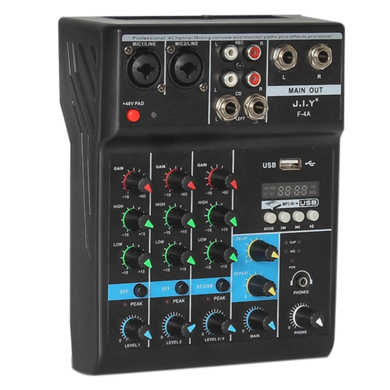 Professional 4 Channel Bluetooth Mixer Audio Mixing DJ Console with Reverb Effect for Home Karaoke USB Live Stage KTV
Professional 4 Channel Bluetooth Mixer Audio Mixing DJ Console with Reverb Effect for Home Karaoke USB Live Stage KTV