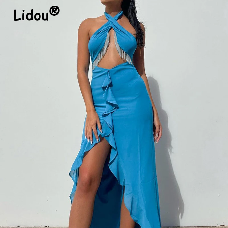 Sexy Cross Halter Neck Hollow Out Irregular Ruffles Slim Party Elegant Dress Sleeveless Off Shoulder Backless Clubwear Lady 2022
Sexy Cross Halter Neck Hollow Out Irregular Ruffles Slim Party Elegant Dress Sleeveless Off Shoulder Backless Clubwear Lady 2022