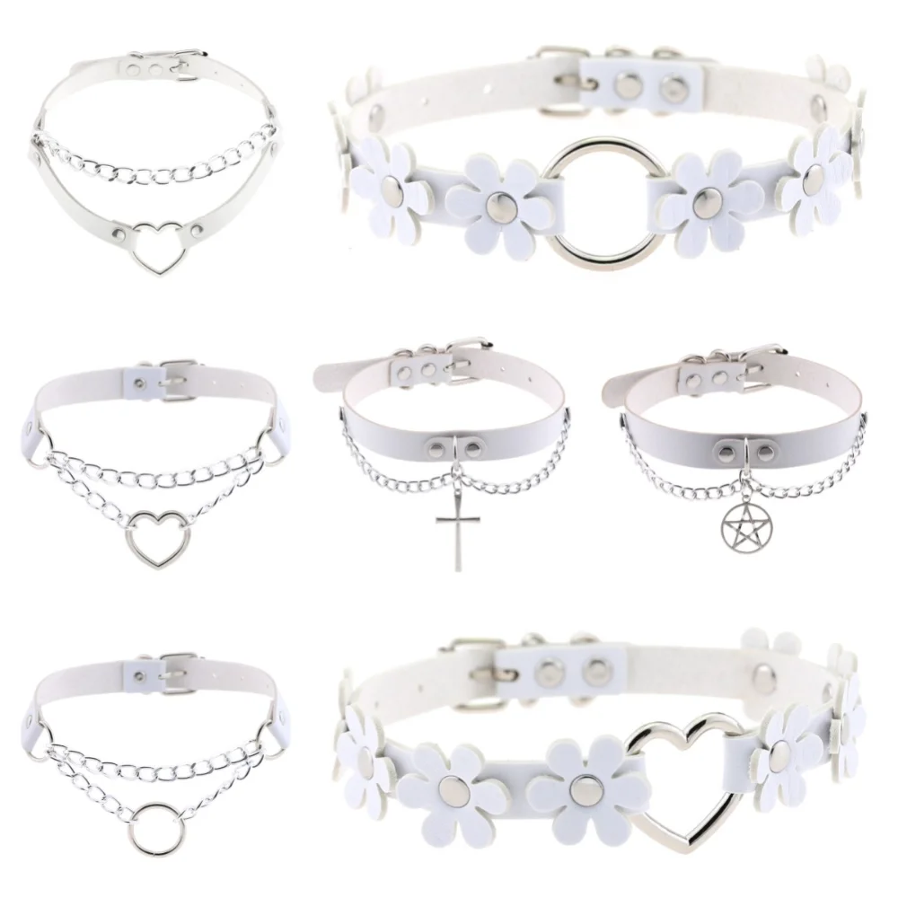 

Goth White PU Leather Round Lock Key Heart Round Spike Rivet Sexy Collar Studded Choker Necklace for Women Body Chocker Jewelry