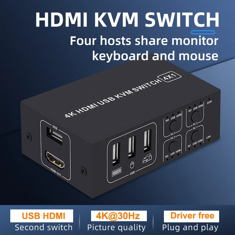 4-портовый 4K USB HDMI-совместимый KVM переключатель 4 в 1 выходной Селекторный разъем