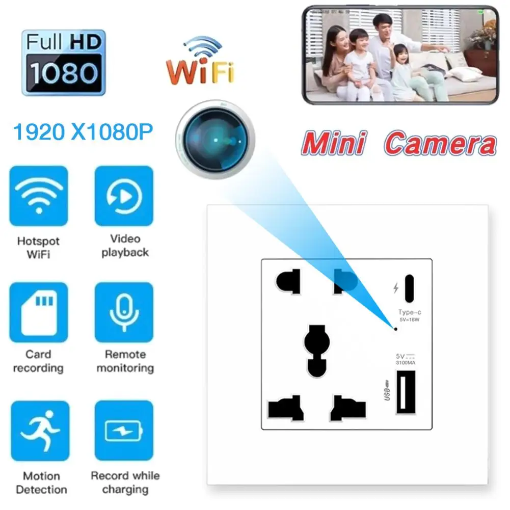 Wifi Wall Mini Camera Wall Plug 1080P 110 Degree Rotation Room Camera Security Monitoring Motion Detection 2.0/3.1A USB 
Wifi Wall Mini Camera Wall Plug 1080P 110 Degree Rotation Room Camera Security Monitoring Motion Detection 2.0/3.1A USB