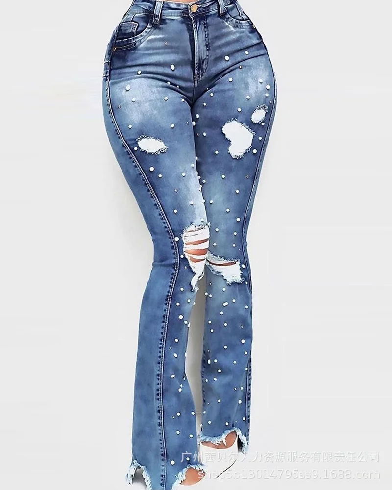 2022 New Full Body Bubble Bead Blue Ripped Skinny Denim Flared Pants Woman Jeans
2022 New Full Body Bubble Bead Blue Ripped Skinny Denim Flared Pants Woman Jeans