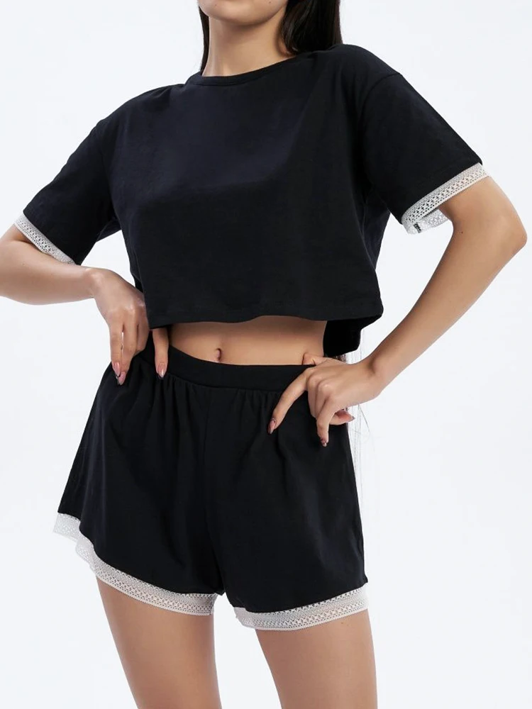 Linad Black Pajamas For Women 2 Piece Sets Knitted O Neck Short Sleeve Crop Top Casual Female Suits With Shorts Summer 2023
Linad Black Pajamas For Women 2 Piece Sets Knitted O Neck Short Sleeve Crop Top Casual Female Suits With Shorts Summer 2023