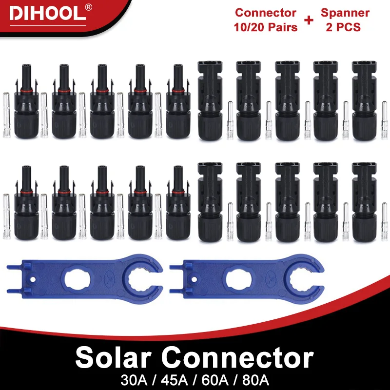 

10 Pairs 20PCS Solar Connector 30/45/60/80A Spanner IP67 PV DC Cable Plug Male Female Solar System Photovoltaic Panel Connectors