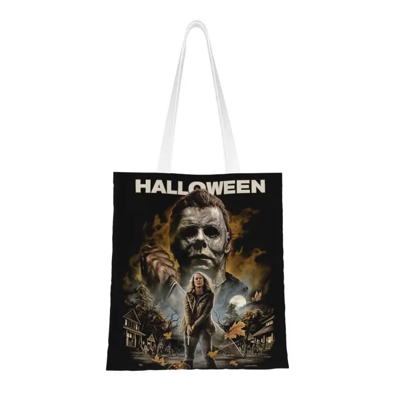 

Reusable Halloween Horror Movie Michael Myers Shopping Bag Women Shoulder Canvas Tote Bag Durable Grocery Shopper Bags