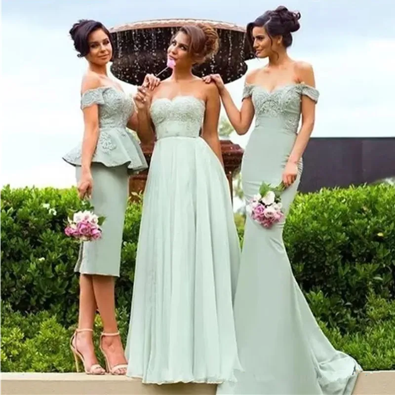 

Mixed Styles Mermaid Off Shoulder Bridesmaid Dresses Country Garden Wedding Guest Party Gowns Mint Green Lace Appliques Chiffon