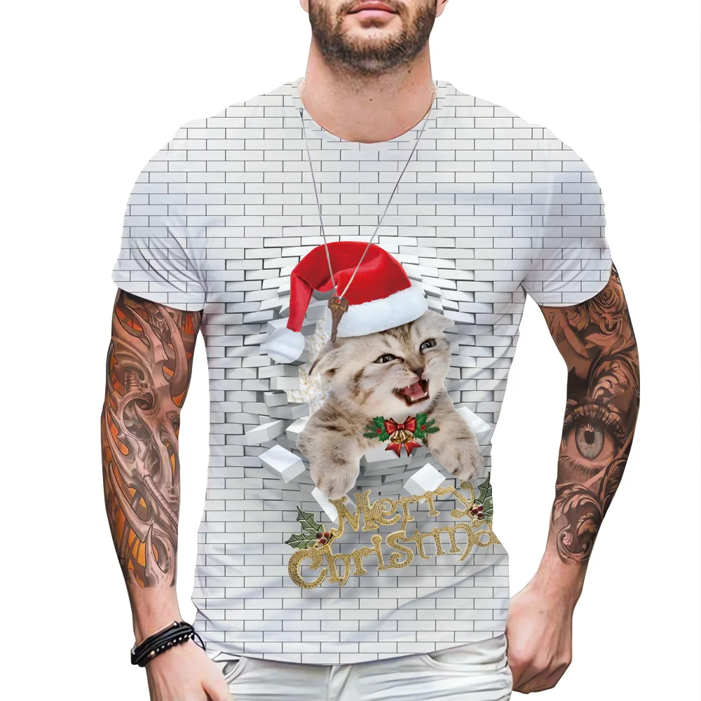 

Short Sleeve Cat Santa Claus Festival Tee Unisex Clothing 3D Printed Ripped Wall O-neck Short Sleeve Pullover Kids T Shirt