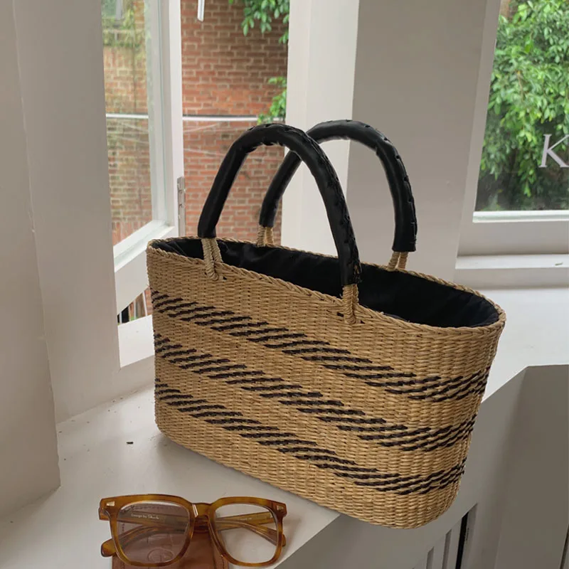 

French Yellow Grass Woven Bag Straw Woven Beach Handle Bags Portable Cane Woven Female Tote Bags for Women Large Handbags