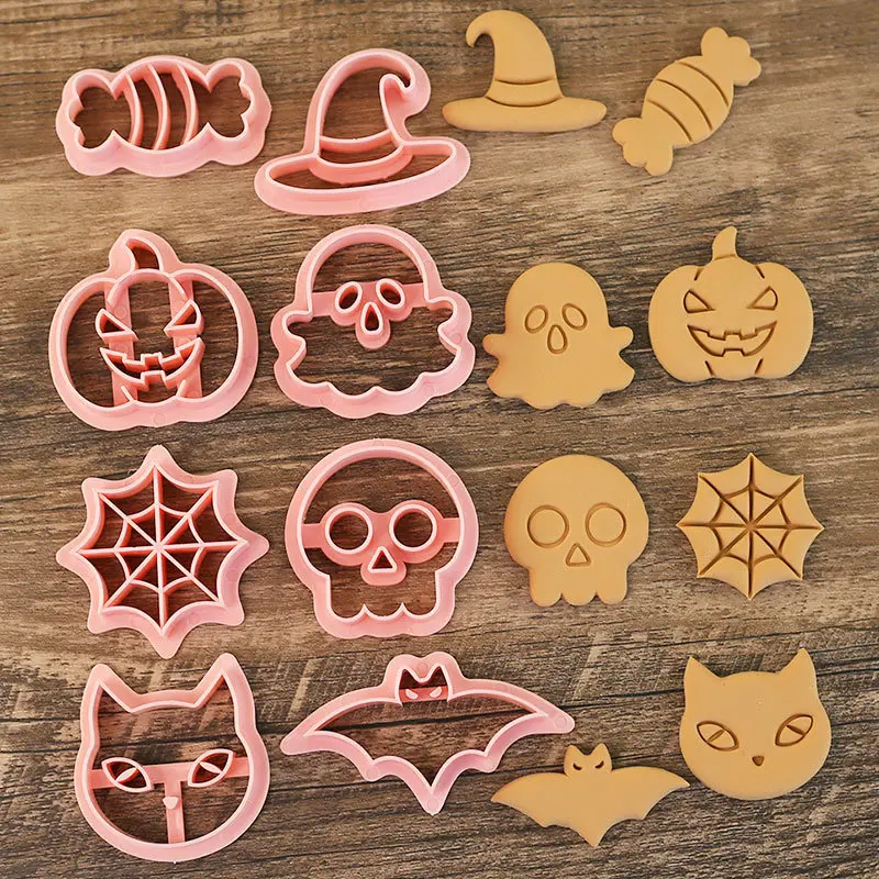 

8PCS Set Cartoon Halloween Biscuit Mould Halloween Bat Pumpkin Ghost Skull Cookie Cutting Mold Fondant Cookie Cutter Baking Tool