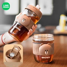 Line Friends Kawaii Glass Straw Cup Anime Brown Bear Cartoon Portable Coffee Juice Transparent Drink Mug Cute Water Bottle Gifts