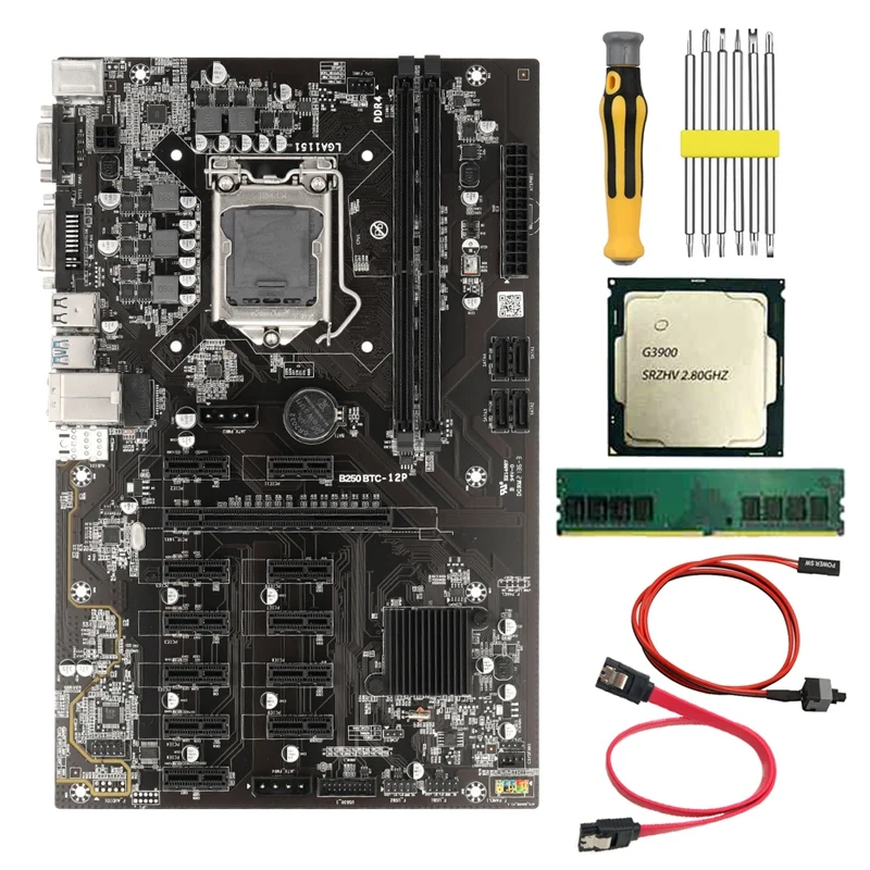 B250 BTC Mining Motherboard G3900 CPU+8G DDR4 RAM+Switch Cable+Screwdriver 12 PCIE Graphics Card Slot LGA1151 SATA3.0
B250 BTC Mining Motherboard G3900 CPU+8G DDR4 RAM+Switch Cable+Screwdriver 12 PCIE Graphics Card Slot LGA1151 SATA3.0