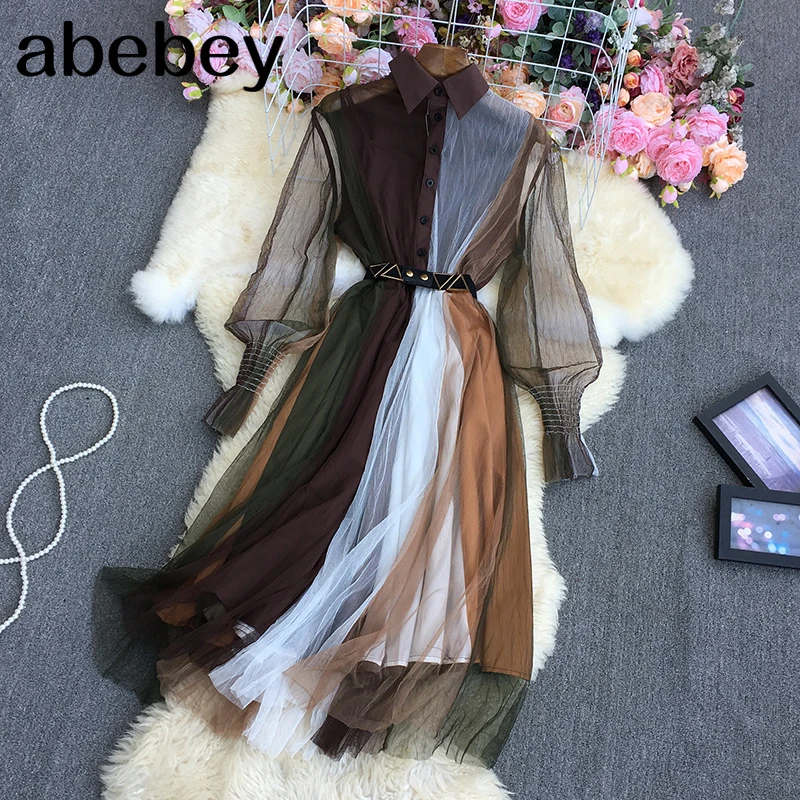 2022 New Spring Autumn Vintage turn down collar long sleeve Dress hit color patchwork high waist lace up mid-length mesh Dress
2022 New Spring Autumn Vintage turn down collar long sleeve Dress hit color patchwork high waist lace up mid-length mesh Dress