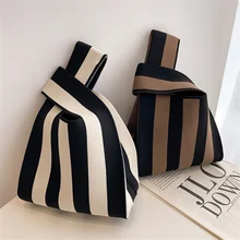 Wide Striped Plaid Handmade Knitted Handbag Women Casual Tote Bag Mini Knot Wrist Bag Student Reusable Shopping Bags