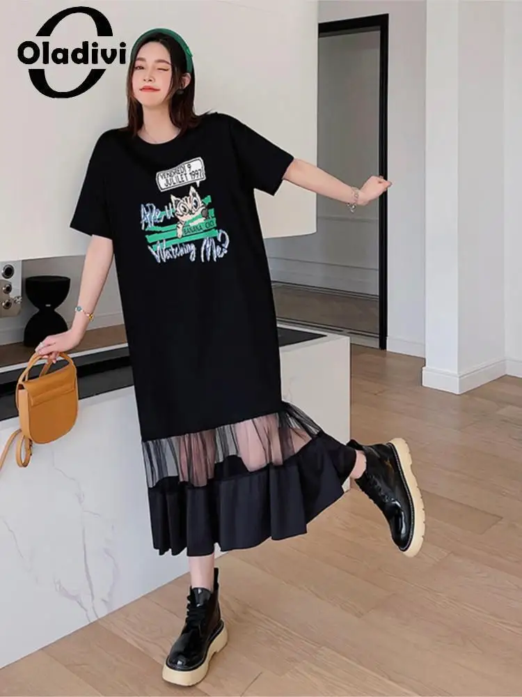 Oladivi L-3XL Fashion Print Cotton Mesh Patchwork Black Dress for Women Korean Style Ladies Oversized Straight Midi Dresses 6877
Oladivi L-3XL Fashion Print Cotton Mesh Patchwork Black Dress for Women Korean Style Ladies Oversized Straight Midi Dresses 6877