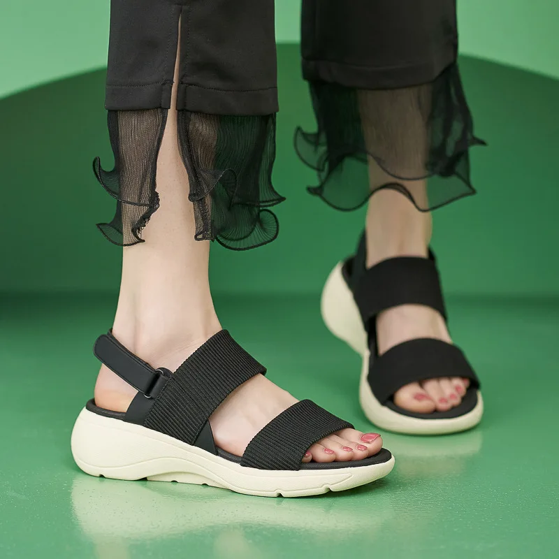 

2023 Brand Summer Fashion Women Shoes Wedge Platform Sandal Hook Loop Round Toe Classic Simple Comfortable Office Girl Apricot