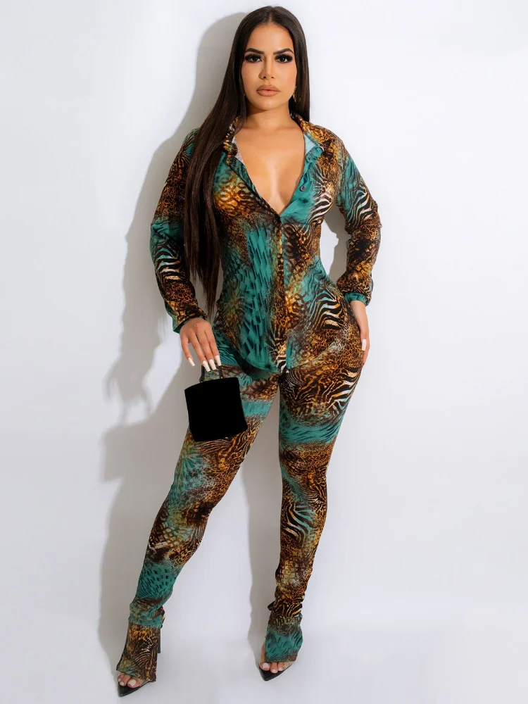 

WUHE Peacock print Two 2 Piece Set for Women Long Sleeve Shirt and Split Flare Pants Suit Autumn Winter 2022 Streetwear Outfits