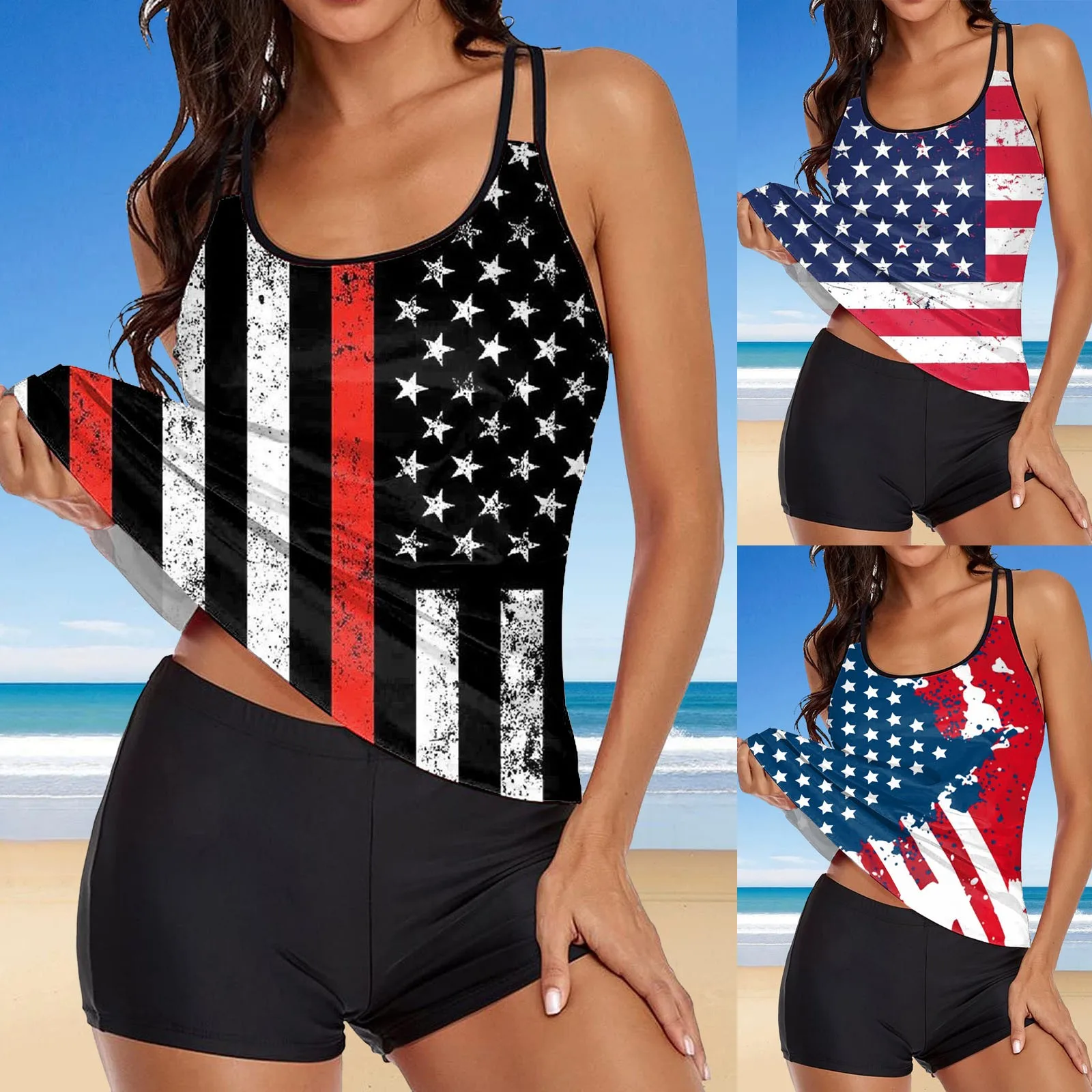 

Woman Swimming Shorts Independence Day For Women's American 4th Of July Print Strappy Back Tankini Set Swim Bra Tops for Women