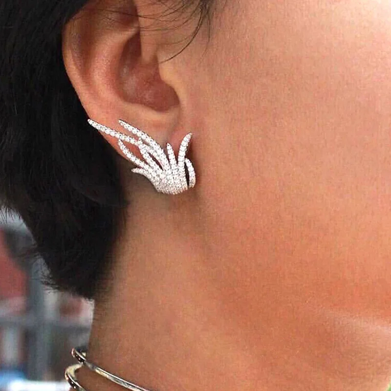 

2023 Luxury Full Micro Zircon Feather Stud Earrings for Women Female GirlTrend Gorgeous Party Dress Dailry Boutique Jewelry Gift