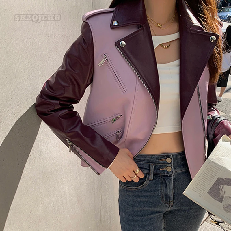 

Real Leather Zip Leather Jackets High Street Casual Contrasting Color Short Genuine Leather Sheepskin Leather Jacket Women
