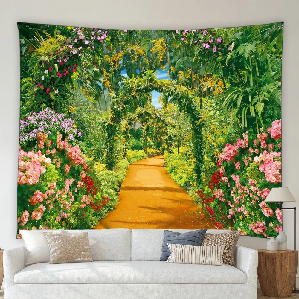 

Pastoral Floral Tapestry Sunshine Arched Flower Path Green Plants Flowers Forest Tapestries Wall Hanging Bedroom Room Home Decor