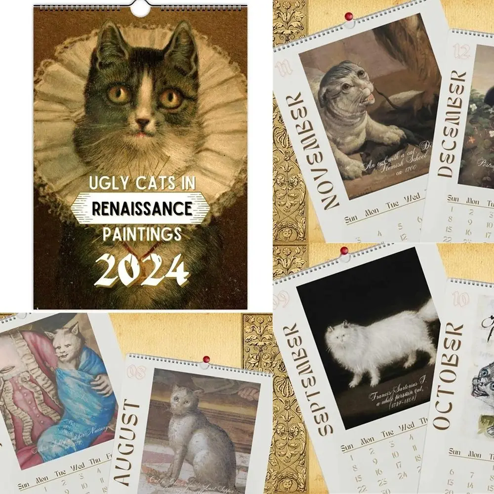 

Бумажный кошка настенный календарь расписание времени уродливые кошки фотографии забавный кот календарь новогодние подарки Настенный декор 2024 календарь