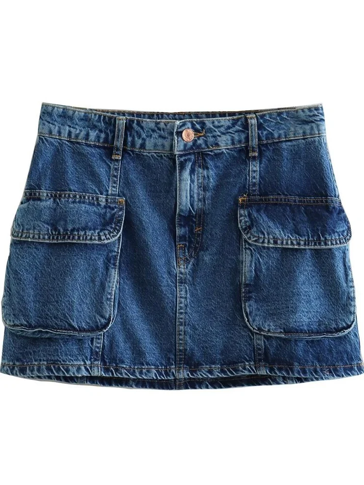 

MESTTRAF Sexy Design 2023 Fashion Patch Pockets Denim Cargo Tooling style Mini Skirt Vintage High Waist Zipper Fly Female Skirts