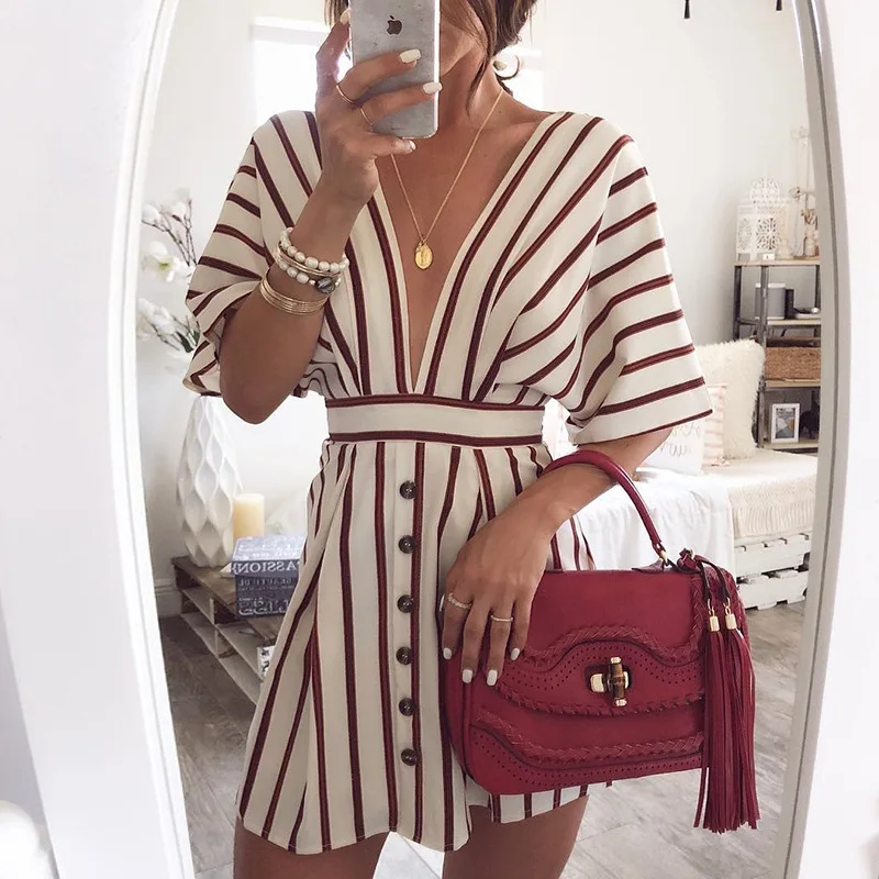 Fashionable Ladies Elegant Striped Printed Breastless High Waist Dress Summer Short Sleeve Deep V Neck Shirt Ladies Party Dress
Fashionable Ladies Elegant Striped Printed Breastless High Waist Dress Summer Short Sleeve Deep V Neck Shirt Ladies Party Dress