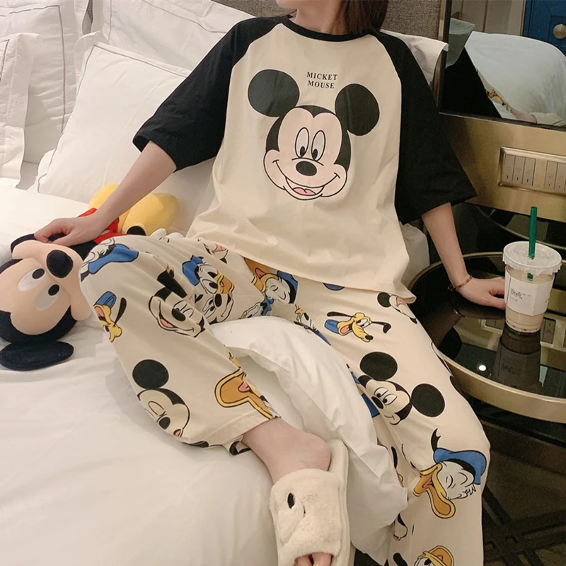 

Женская весенне-осенняя пижама Disney с изображением Микки Мауса, Топ с длинным рукавом и брюки, удобная Милая повседневная домашняя одежда