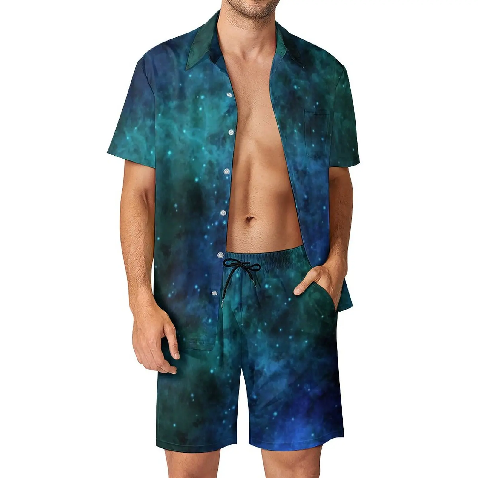 

Мужской повседневный комплект из шорт и рубашки, голубой пляжный костюм с принтом гавайской туманности и короткими рукавами, Одежда большого размера для лета