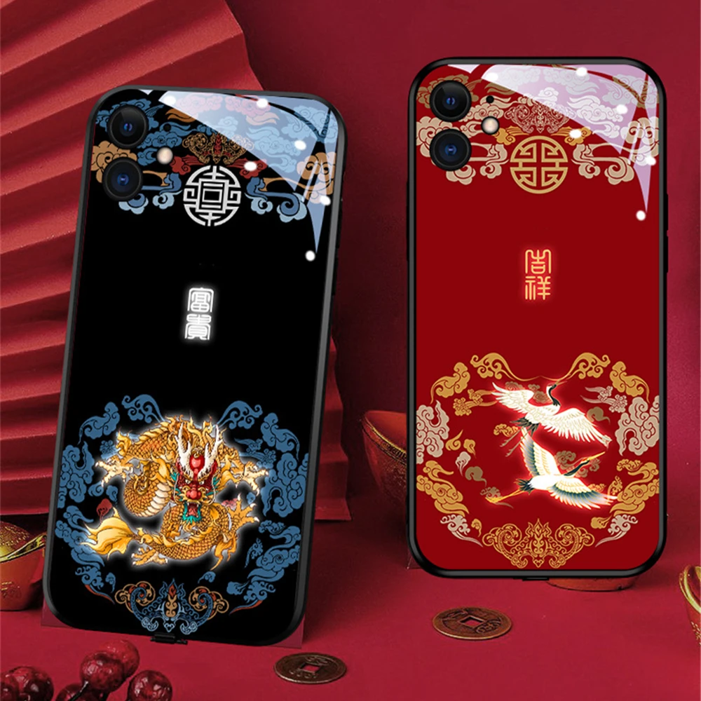 Fashion Chinese Style Good Luck Glass Hard LED Phone Case For iPhone 13 12 11 Pro Max Crane Dragon Totem Animal Back Cover Coque
Fashion Chinese Style Good Luck Glass Hard LED Phone Case For iPhone 13 12 11 Pro Max Crane Dragon Totem Animal Back Cover Coque