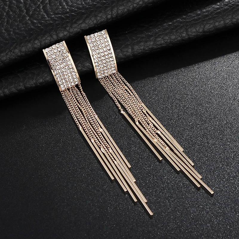 

2023 New Fashion Gold Color Long Crystal Tassel Dangle Earrings For Women Wedding Drop Earing Brinco Fashion Jewelry Wholesale