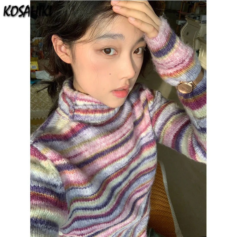 Harajuku Rainbow Striped Turtleneck Sweater Women Fairycore Knitted Jumper Vintage Grunge Y2k Aesthetic Pullover Korean Jumper
Harajuku Rainbow Striped Turtleneck Sweater Women Fairycore Knitted Jumper Vintage Grunge Y2k Aesthetic Pullover Korean Jumper