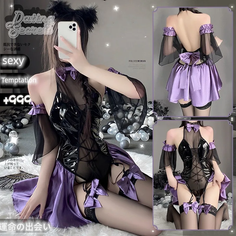 Cosplay Black Purple Underwear Bow Knot Patent Leather Panel Transparent Off Shoulder Bodysuit Open Cut Uniform Suit Temptation
Cosplay Black Purple Underwear Bow Knot Patent Leather Panel Transparent Off Shoulder Bodysuit Open Cut Uniform Suit Temptation