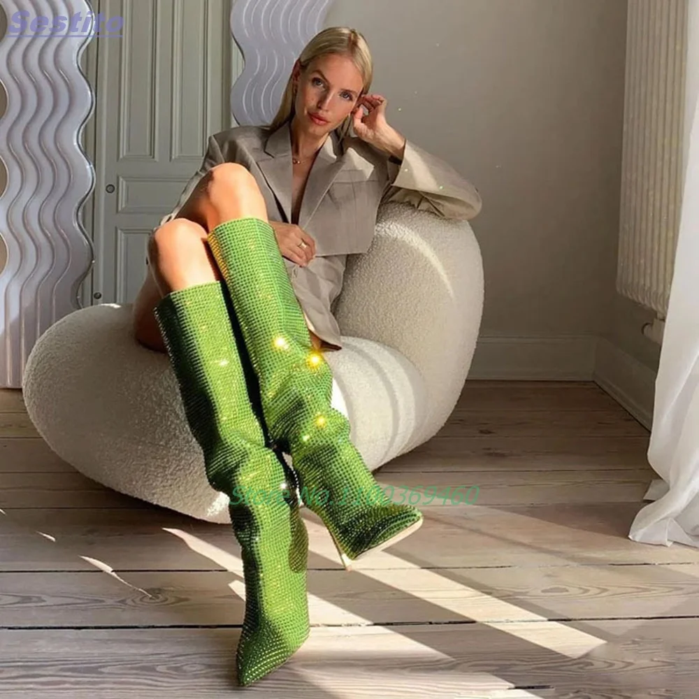 Crystal Bling Pointed Toe Knee High Boots Stiletto Heel Green Solid Color Sexy Runway Women Shoes Fashion European Style Novel
Crystal Bling Pointed Toe Knee High Boots Stiletto Heel Green Solid Color Sexy Runway Women Shoes Fashion European Style Novel