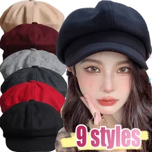 Women‘s Winter Vintage Woolen Berets Caps French Artist Warm Felt Hats Beret Female Solid Octagonal Hat Autumn Girl Newsboy Cap