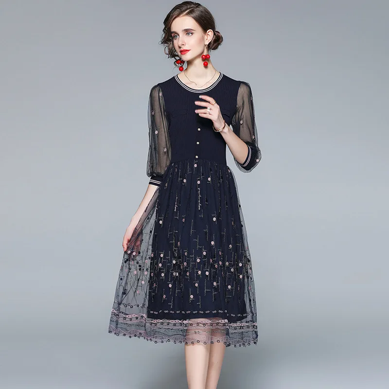 Mesh Patchwork Knitting Dress Women O Neck Three Quarter Sleeve Embroidery Polka Dot Office Dress Elegant Evening Party Dresses
Mesh Patchwork Knitting Dress Women O Neck Three Quarter Sleeve Embroidery Polka Dot Office Dress Elegant Evening Party Dresses
