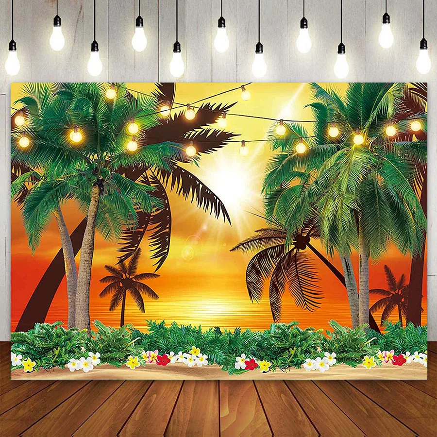 

Summer Sunset Backdrop Tropical Palm Tree Seaside Beach Photography Background Hawaii Aloha Birthday Wedding Party Wall Banner