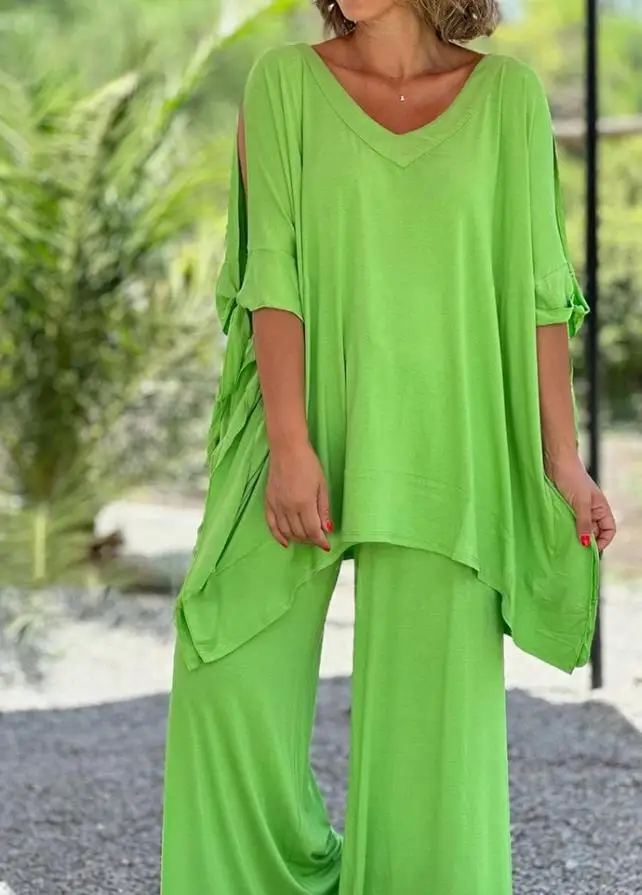 Women Loose Pants Sets Temperament Commuting Style Lace Up Design V-Neck 5/4 Sleeve Casual Solid Color Pants Wide Leg Set
Women Loose Pants Sets Temperament Commuting Style Lace Up Design V-Neck 5/4 Sleeve Casual Solid Color Pants Wide Leg Set